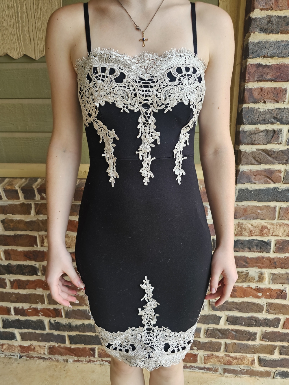 Haute Monde Black Dress with Cream Lace Appliqué
